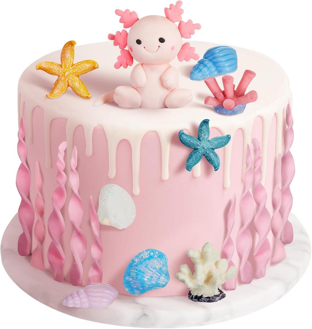 24 Pcs Axolotl Birthday Decorations Supplies Include 1 Cake Topper 12 Artificial Seagrass 11 Diving Toy Underwater Decorations for Ocean Theme Party