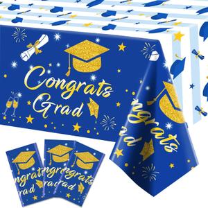 Graduation Tablecloth Party Decorations 2025 3 Pack Blue Large Size 54"x108" Congrats Grad Disposable Rectangle Table Covers Plastic Table Cloth for College High School Class of 2025 Party Supplies