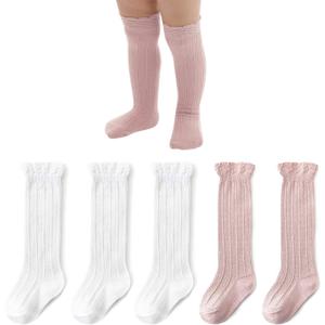 American Trends Baby Knee High Socks - Girls & Boys Newborn to Toddlers - Ruffled Tube Socks (1-3T, A 5 Pack Pink & White)