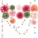 NICROLANDEE Wedding Party Decorations - 15Pcs Pink, Sage Green, Ivory Tissue Paper Pom Pom for Birthday Pastel Decorations, Engagement Baby/Bridal Shower Anniversary Valentine Dot Paper Backdrop Decor (Bloom)