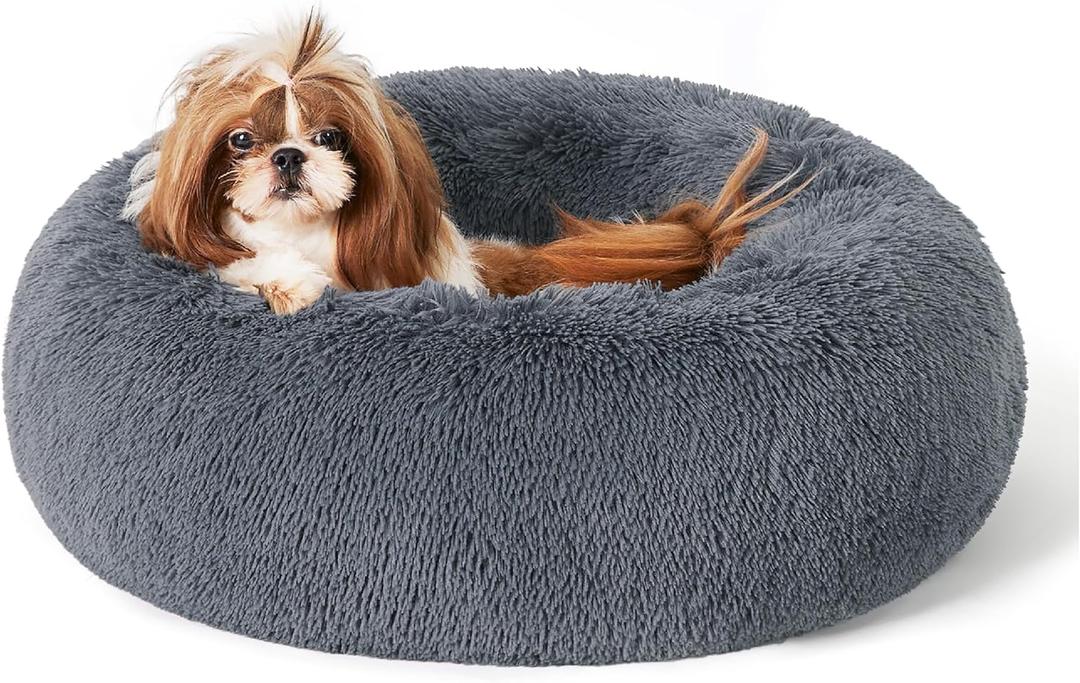 Bedsure Calming Dog Bed for Small Medium Dogs - Donut Washable Medium Pet Bed, 27 inches Anti-Slip Round Fluffy Plush Faux Fur Cat Bed, Dark Grey (27.0"L x 27.0"W x 8.0"Th)
