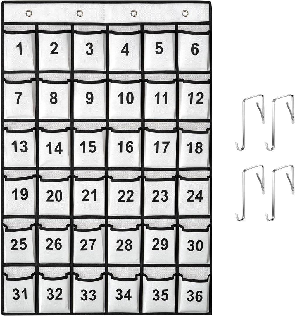 SAVERHO 36 Pockets Numbered Classroom Pocket Chart for Cell Phones, Hanging Pocket Chart Storage for Classroom Phone Calculator Holder with 4 Stainless Steel Hooks (White-36pockets)
