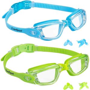 EverSport Kids Swim Goggles, Pack of 2 Swimming Goggles for Children Teens, Anti-Fog Anti-UV Youth Swim Glasses for Age 4-16 (Lightblue & Green)
