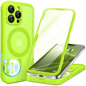 BERFY Magnetic for iPhone 16 Pro Max Case, Compatible with MagSafe, [Built-in 9H Tempered Glass Screen Protector & Camera Protection]Full Body Translucent Matte Phone case for 16 Pro Max, Bright Green