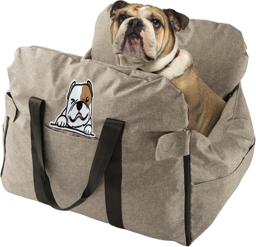 lamelarossa Dog Car Seat for Small/Medium Dogs.Water Repellent with Storage Pockets.Doubles as a Pet Travel Bed for Dogs Up to 40 lbs. Machine Washable Dog Carrier- Brown English Bulldog