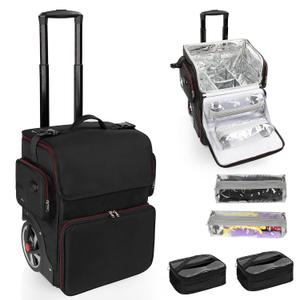 Large Makeup Train Case,Cosmetic Makeup Case for Hairstylist, Hairdresser Bag with Detachable Pouch,Heat Insulation and Anti-scalding Full layer for Hairdressing Tool Organizer Trolley with wheels