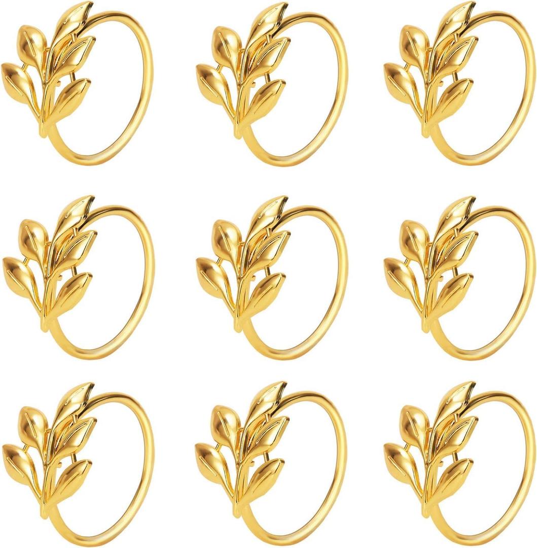 KPOSIYA Set of 12 Leaf Napkin Rings Metal Gold Napkin Holder Table Napkin Rings for Thanksgiving Day Christmas Dinning Table Parties Everyday (Ye Zi-Gold 12)