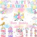 Unicorn Birthday Decorations  Includes Banner, Backdrop, Balloons, Hanging Swirls, Cake & Cupcake Toppers, Honeycomb Centerpieces for Girls & 1st Birthday Unicorn Theme (Pink, Purple, Blue)