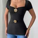 SOLY HUX Women's T Shirt Metal Flower Sweetheart Neck Short Sleeve Ruched Tee Slim Fit Going Out Summer Tops (Black, L)