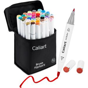 Caliart Art Markers, 41 Colors Alcohol Marker Pen Set Dual Tip Brush & Fine Permanent for Coloring Highlighters Anime Illustration Card Making Underlining Drawing Gifts