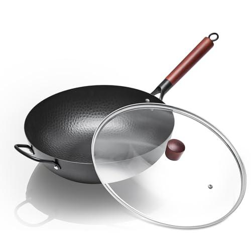 WANGYUANJI Carbon Steel Wok with Lid, 13.4" Hand Hammered Stir Fry Pan with Detachable Wooden Handle, Flat Bottom Wok Pan for Electric, Induction & Gas Stoves, No Coating (Black)