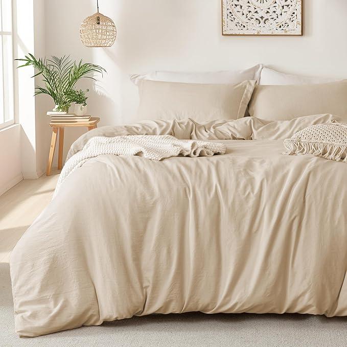MILDLY Super Soft Duvet Cover - 100% Washed Microfiber Light Khaki Comforter Cover Set 3 Pieces with Zipper Closure & Corner Ties (No Comforter)