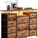 LUMTOK 11 Drawers Dresser with Fabric Drawers,Charging Station, LED Lights and Shelves for Bedroom Storage Organization (Brown)