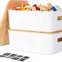 Citylife 2 PCS Storage Bins with Bamboo Lids Plastic Storage Containers for Organizing Stackable Storage Box with Handle, 15.16 x 10.79 x 5.83 inch (White)