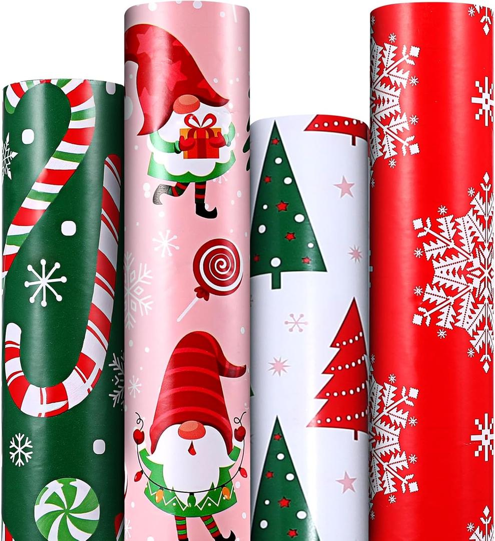 Panigkids Christmas Wrapping Paper 4 Rolls with Santa Claus, Snowflakes, Candy, Pine Designs, for Men Women Kids, 16.9 In x 16.4 Feet, for Christmas, Holiday, Party Celebration