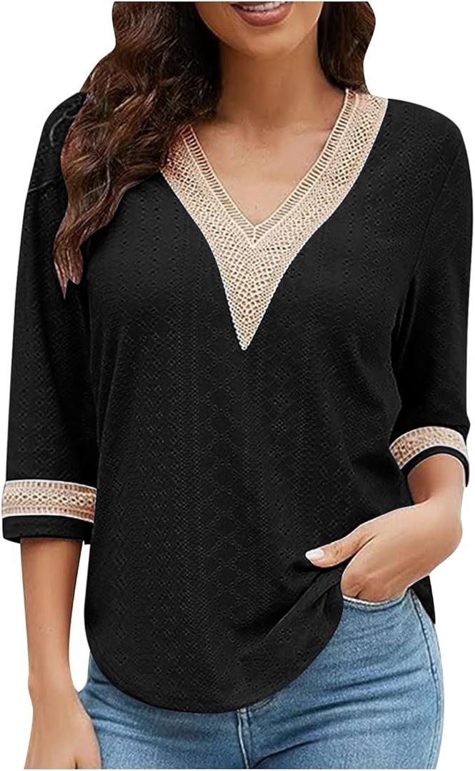 Vidifid Women 3/4 Sleeve Tunic Tops Casual Lace Trim V Neck Eyelet Dressy Ladies Blouses Summer Spring T Shirts(Black,XL)