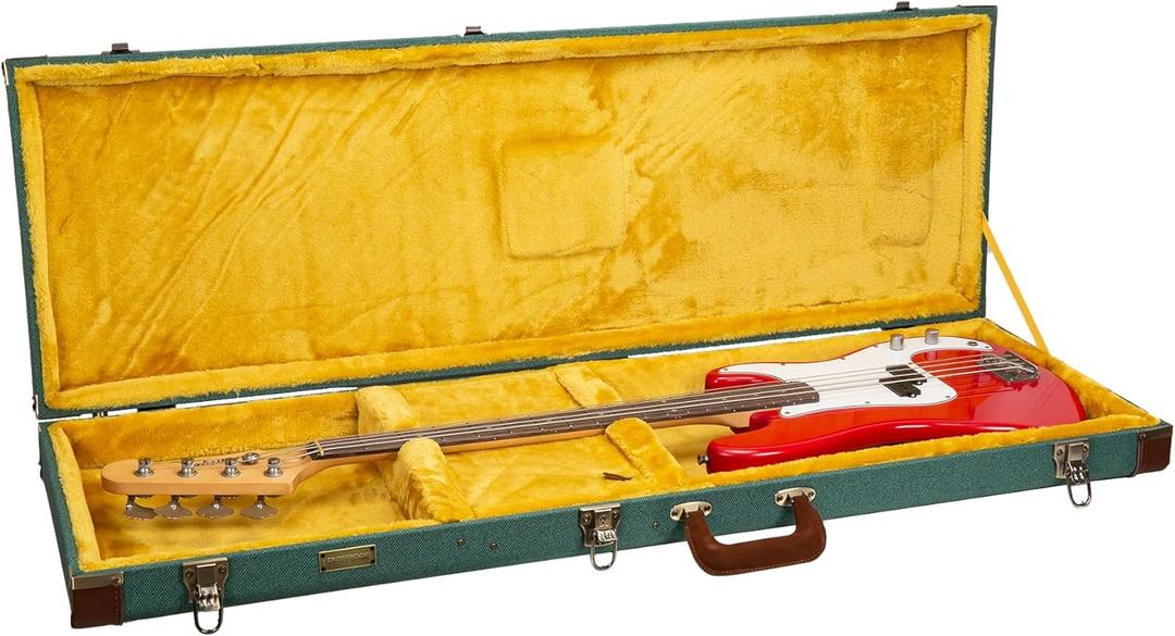 Crossrock Master Series Fender Precision & Jazz Bass Guitar Case | Malachite Blue Tweed Exterior, Re-Engineered Wooden Shell, Leather Handle & Gold Velvet Interior
