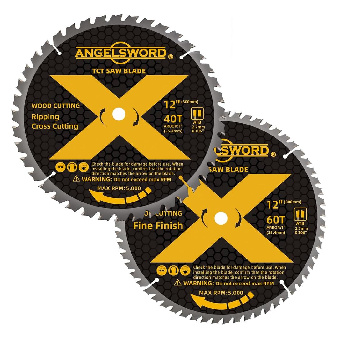 ANGELSWORD 12 Inch Miter Saw Blade, 40T for Ripping, Cross Cutting&60T for Fine Finish Wood Cutting, 2 Pack