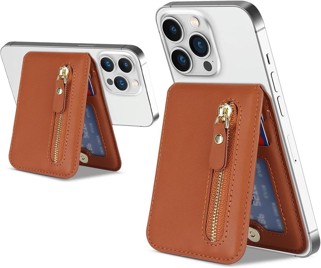 Cavor Compatible with Magsafe Wallet, Adjustable Stand,Magnetic Wallet for iPhone 17/16 Pro Max/15/14 Plus/13/12 Magsafe Card Holder Magsafe Phone Card Holder Zipper Pocket-Brown
