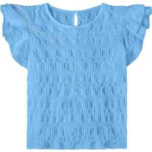 Ecolala Girls Summer Ruffle Short Sleeve Casual Pleated Blouse Cute Keyhole Neckline Solid Tops Blue, 13-14 Years