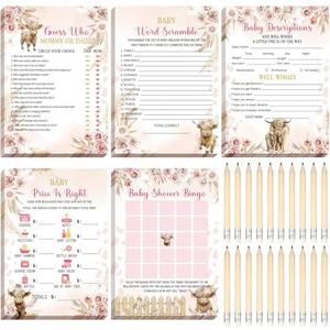Meooeck 145 Pieces Baby Shower 5 Game Set Baby Shower Games for Party Include Descriptions, Wishes, Guessing Who, Bingo Games(Highland Cow)