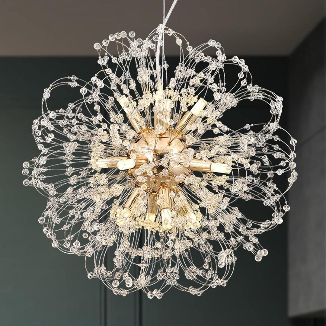 Modern Firework Chandelier, 12-Light Crystal Dandelion Chandeliers for Living Room, Gold Sputnik Chandelier Steel Pendant Lights for Bedroom, Dining Room, Kitchen, Restaurant