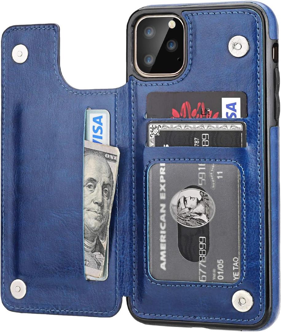 for iPhone 11 Pro Max Wallet Case with Card Holder,OT ONETOP PU Leather Kickstand Card Slots Case,Double Magnetic Clasp and Durable Shockproof Cover for iPhone 11 Pro Max 6.5 Inch (Blue)