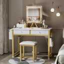 Lufeiya Small Makeup Vanity Desk with Mirror and Light, 32 inch White Vanity Desks Sets with Fabric Drawers for Girls Teen, Dressing Table and Chair Set with Power Outlet for Bedroom, White Gold, 31.5"
