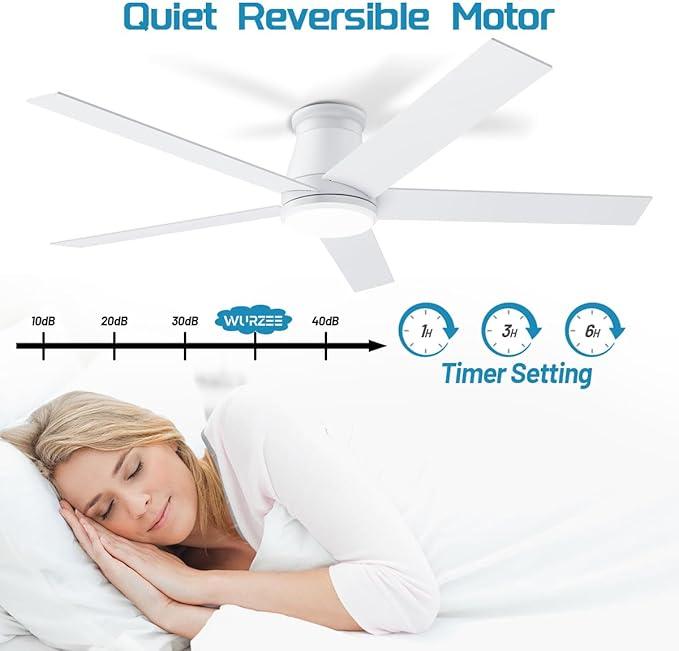 wurzee 60 inch Flush Mount Ceiling Fan Brushed Nickel ceiling fans with lights 6 Speeds DC Reversible Motor, Timing, Dimmable, 5 Blades for Bedroom,Living Room Dining Room Patio, White