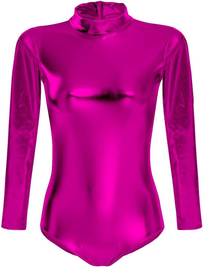 ABAFIP Women Metallic Liquid Shiny Long Sleeve Gymnastic Ballet Dance Leotard Bodysuit Faux Leather Stage Dancewear Costume (Medium, Hot Pink)