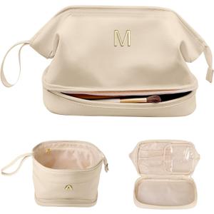 Birthday Gifts for Women, Initial Large Makeup Bag, Personalized Double Layer Cosmetic Bag with Makeup Brush Organizer, Waterproof, PU Leather Travel Toiletry Bag,Bride Gift Monogrammed Gifts
