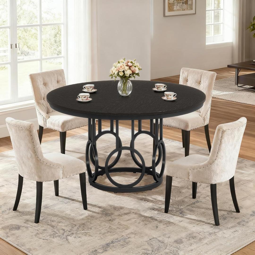 47-Inch Rustic Farmhouse Dining Table for 4, Solid Dark-Wood Round Kitchen Table, Large Dining Room Tables, O-Shape Base, Easy Assembly, for Dining Room, Caf, Apartment (Black)