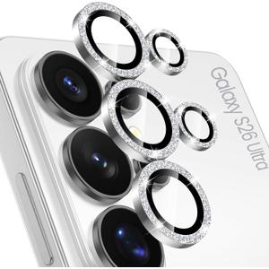 Tensea (3+2PCS Compatible with Samsung Galaxy S26 Ultra Camera Lens Protector, 9H Tempered Glass Camera Cover Screen Protector Metal Individual Ring [Installation Tray][Case Friendly] (Glitter Whitesilver)
