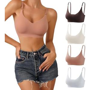 DEANGELMON V Neck Bra Padded Seamless Adjustable Straps Bralettes Everyday Basic Sleeping Bras Multiple Pack, S