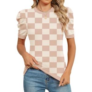 AKEWEI Puff Short Sleeve Sweater for Women Tops Trendy Spring Summer 2025 Business Casual Outfits Knit Crewneck Shirt Blouses (Large, Khaki Plaid)