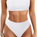 Yonique Thong High Waisted Bikini Set Ribbed Bandeau Swimsuit Strapless Bathing Suit Two Piece Swimwear, Large