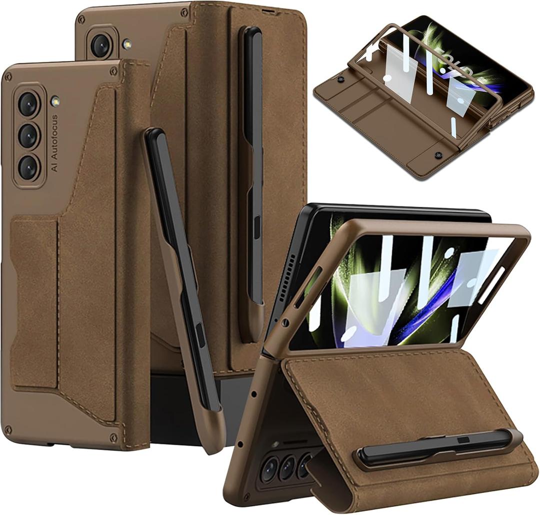 DEMCERT for Samsung Galaxy Z Fold 5 Case with [Fold5 Edition S-Pen Slot], Military Armor Cases Full Body Protective Anti-Scratch Hard Slim Leather Bracket Case with Screen Protector (Brown)