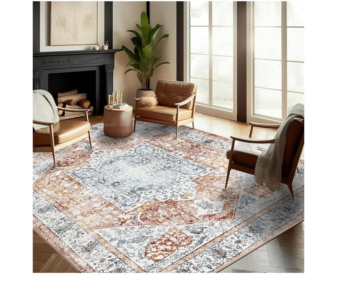 Area Rug 9x12 Washable Tangerine Vintage Traditional Mat Distressed Indoor Foldable Thin Retro Accent Floral Non Slip Carpet for Living Room Dining Room Office