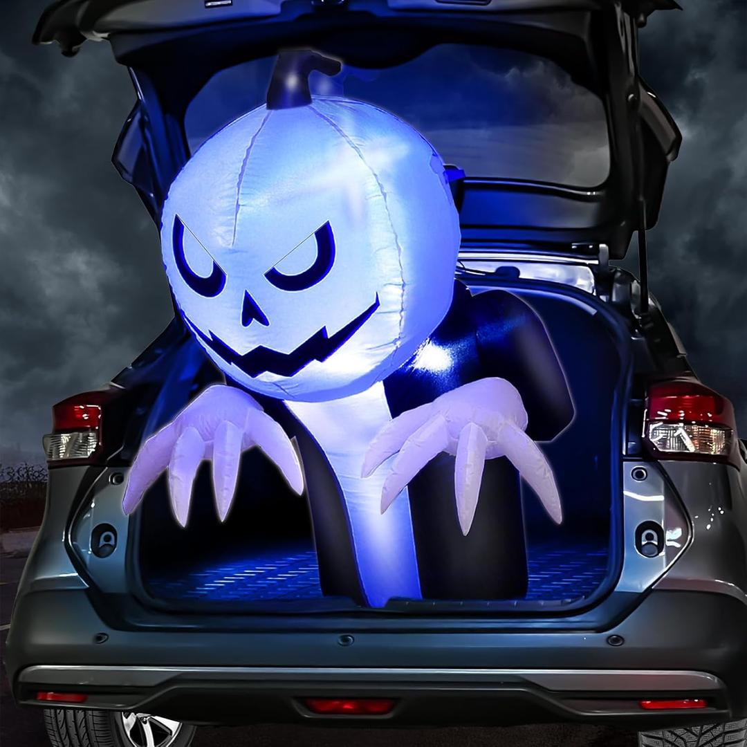 3.6 Ft Halloween Trunk or Treat Inflatable Car Decorations Kit, Blow Up Pumpkin Ghost Built in Blue LED Lights Quick-Inflating Outdoor Decor for Car, Halloween Party Yard Decor