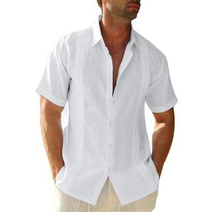 JEKAOYI Mens Casual Linen Cotton Button Down Short Sleeve Shirts Cuban Camp Guayabera Beach Tops (White, XXXL)