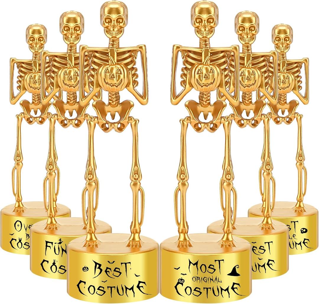 6 Pack Halloween Trophies Best Costume Skeleton Trophies Contest Plastic Gold Awards for Adults Party Favor Party Game Prizes