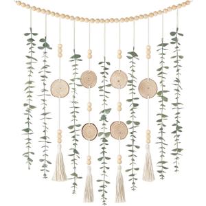 Dahey Hanging Artificial Plant Eucalyptus Wall Decor 31'' Wooden Bead Garland with Fake Greenery Leaves Boho Rustic Farmhouse Wall Art for Bathroom Office Living Dining Room Bedroom Kitchen Decoration