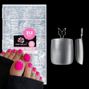 UNA GELLA Square Toe Nail Tips 312Pcs 15Sizes, Full Cover Soft Gel Toes Nail Tip Pre-etched Fake Acrylic Toe Nail Press Ons For Big Toes Nail Extensions Pedicure Home DIY Salon *Tips Only No Tools*