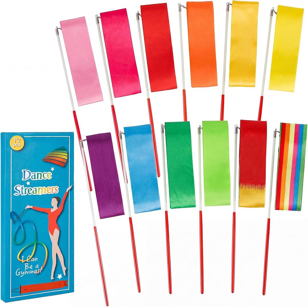 YGEOMER Ribbon Wands, 12pcs Rainbow Gymnastics Ribbons for Kids, Twirling Dance Sticks for Artistic Dancing, Talent Shows & Birthday Party Props