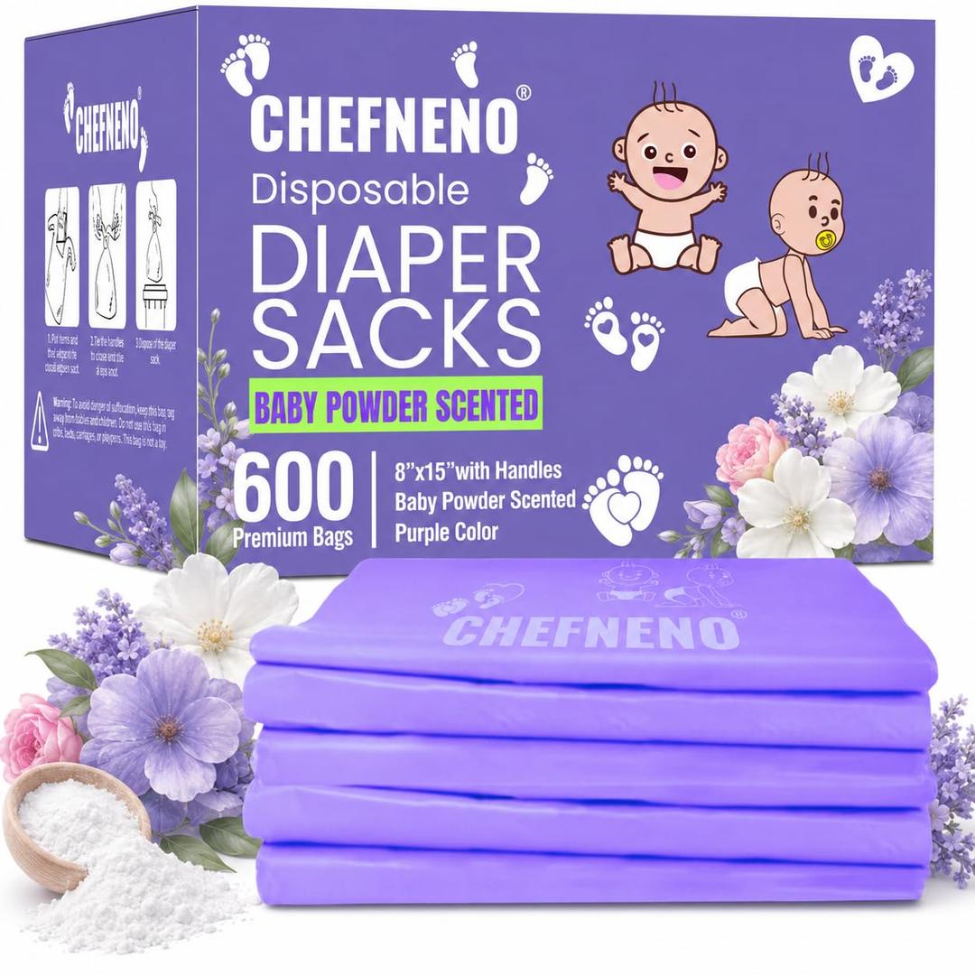 Baby Disposable Diaper Sacks (600 ct.) Fresh Baby Powder Scented, Easy-Tie Diaper Sacks Disposal Bulk Diaper Sacks Dog Poop Bags Cat Litter Waste Bags Sanitary Pads Disposal Bags (600 Bags, Purple)