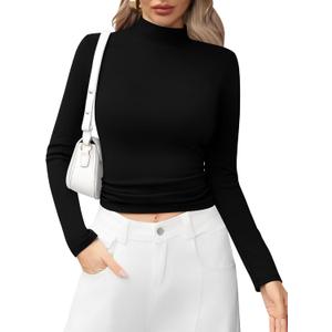 Laughido Women's Mock Neck Long Sleeve Fleece Slim Fit T-Shirt 2025 Casual Basic Pullover Crop Tops (Black)