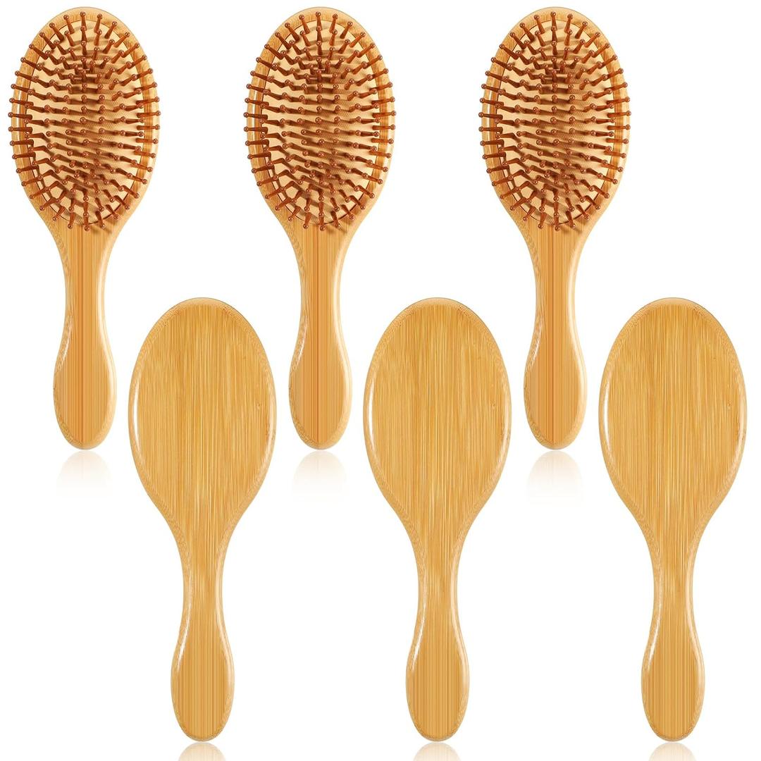 6 Pcs Bamboo Hair Brush Bulk Natural Wooden Paddle Brush Round-tipped Bamboo Bristles Detangling Brushes, Lightweight Massage Anti Static for Women Men and Children for Hair Growth (Oval)