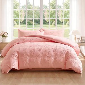 7 Pieces Bow Comforter Set for Girls Kids Pink Tufted Boho Bedding Set Full Size Farmhouse Bed in A Bag as Gifts (1 Comforter, 1 Flat Sheet, 1 Fitted Sheet, 2 Pillowcase and 2 Pillow Sham)