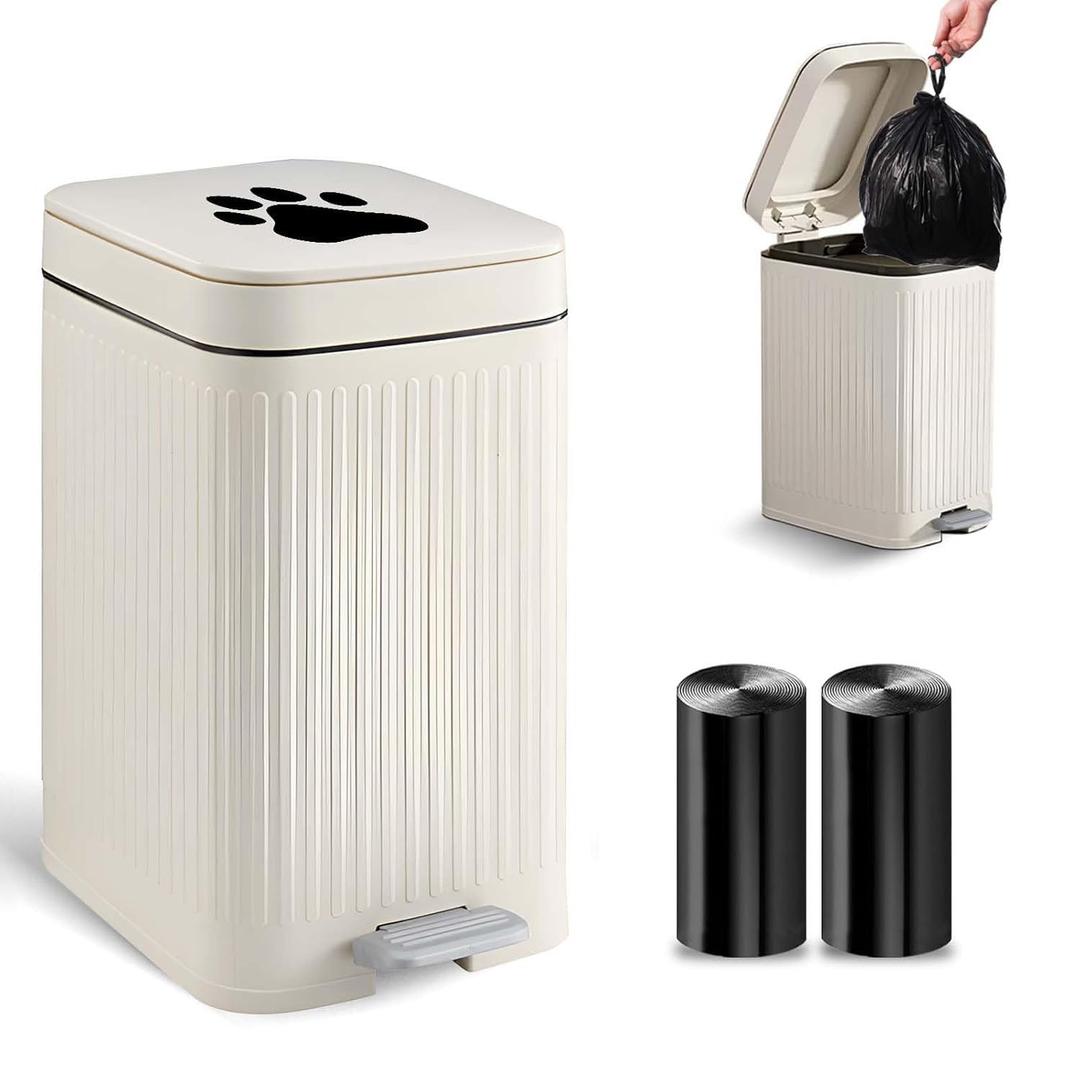 Dog Poop Trash Can Outside, 5L/1.3 Gal Pet Poop Bucket with Lid, Foot Pedal, Dog Waste Container with 40 Bags, Lid Soft Close for Pet, White