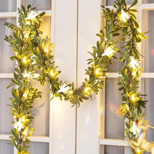 Ethlomoer 6.4FT Prelit Christmas Olive Garland with Fiber, Battery Operated Lighted Garland with 20 LED Lights & Timer, Green for Mantle, Stairs, Wall Christmas Decorations Indoor Outdoor